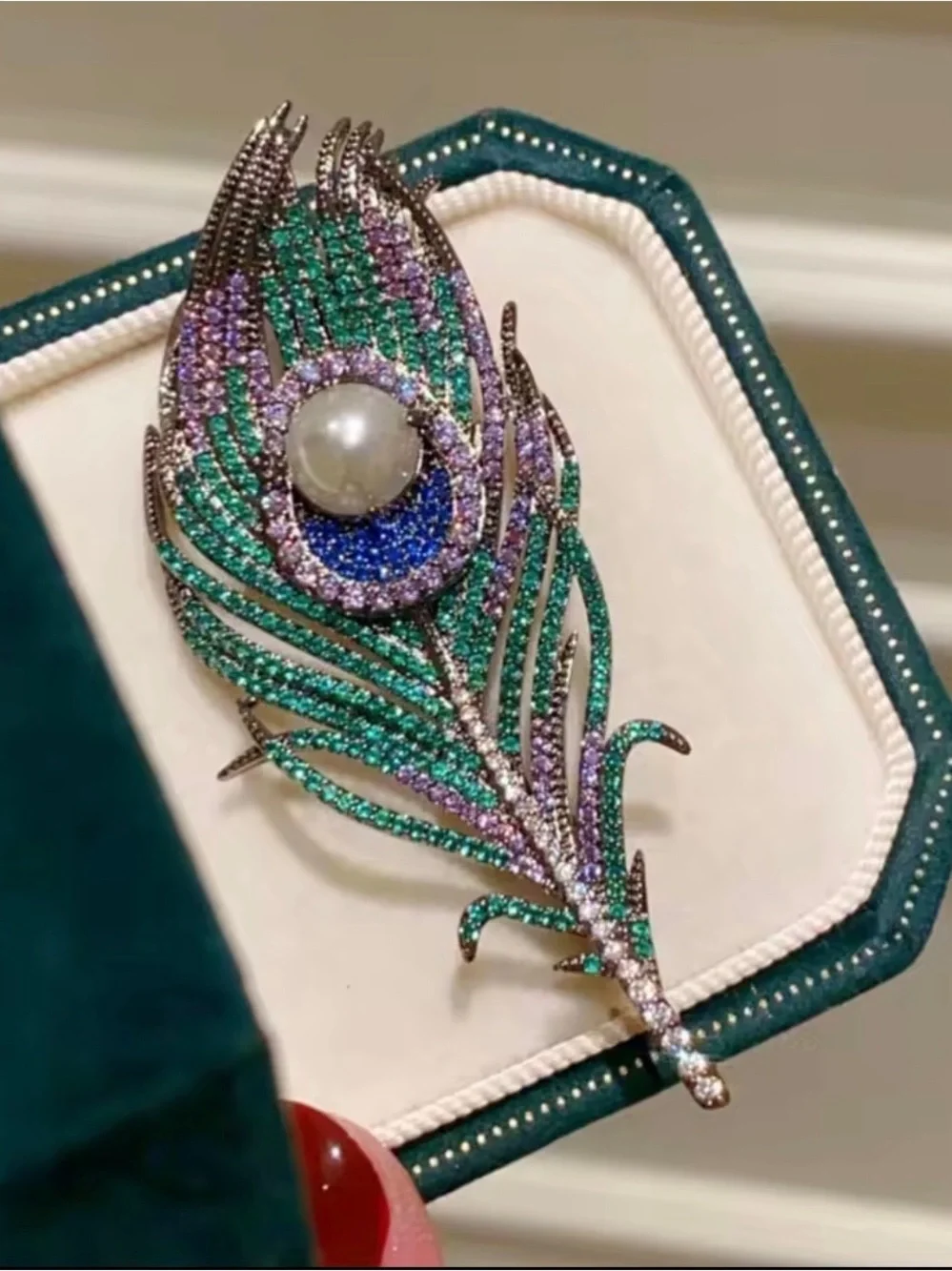 Anthropologie Peacock Feather Pearl Brooch Green Purple NWOT